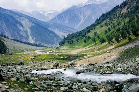 Scenic view of Kashmir with snow-capped mountains, lush valleys, and colorful flowers, showcasing its beauty across different seasons.
