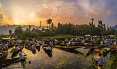 Scenic view of Kashmir mountains and tourists enjoying the peaceful surroundings safely