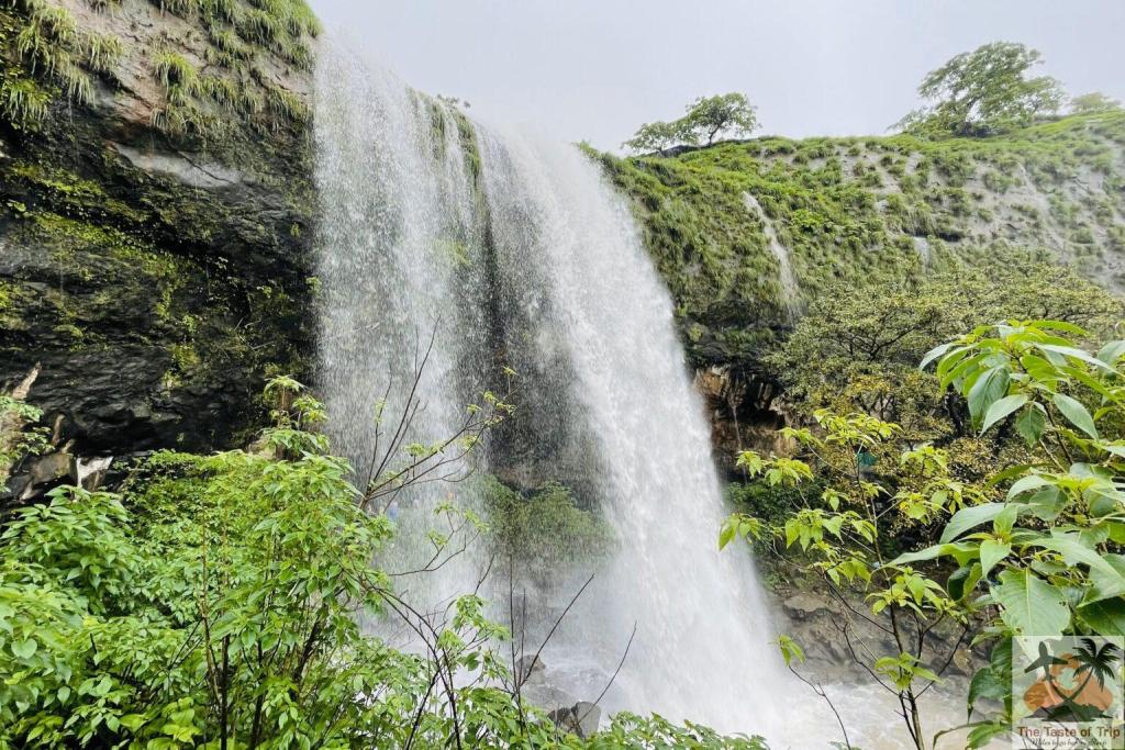 Lush green Khandi Waterfalls flowing through rocky terrain during monsoon season in Maharashtra.