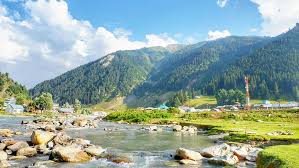 Scenic view of Sonamarg valley with snow-covered peaks and lush greenery.