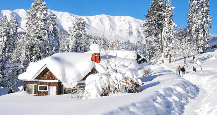 Snow-covered mountains in winter and lush green valleys in summer, showcasing the beauty of Kashmir in different seasons.
