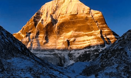 Pilgrims at Mount Kailash and Lake Mansarovar during the sacred yatra, surrounded by snow-capped peaks and spiritual serenity.