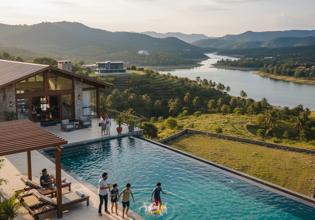 Indian family enjoying farmhouse with swimming pool and Mulshi Lake view – lakeview plots in Mulshi near Pune