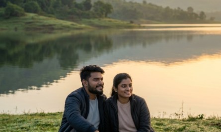 Couple sitting by Mulshi Lake at sunrise with hills reflecting in calm water, warm golden light, wide peaceful landscape