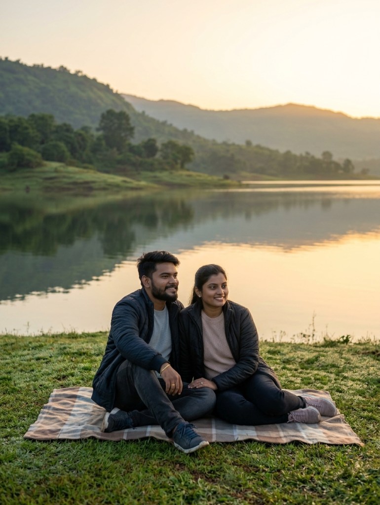 Couple sitting by Mulshi Lake at sunrise with hills reflecting in calm water, warm golden light, wide peaceful landscape