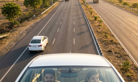 Highway view of NH48 near Vadodara, early morning golden light, wide road stretching ahead, couple's car visible, realis