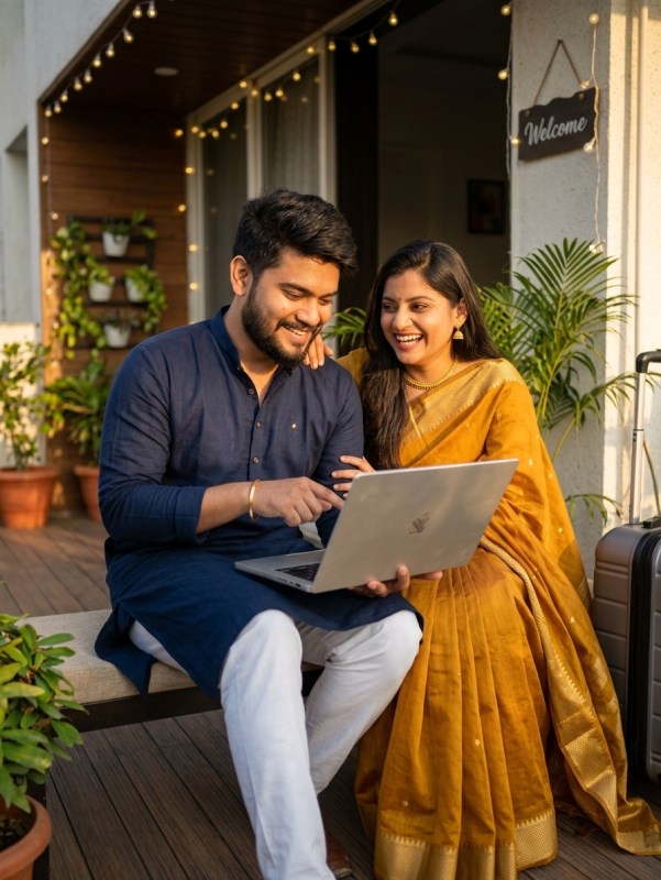 Indian couple reviewing laptop and smiling at modern homestay entrance during golden hour, warm natural lighting, cozy w