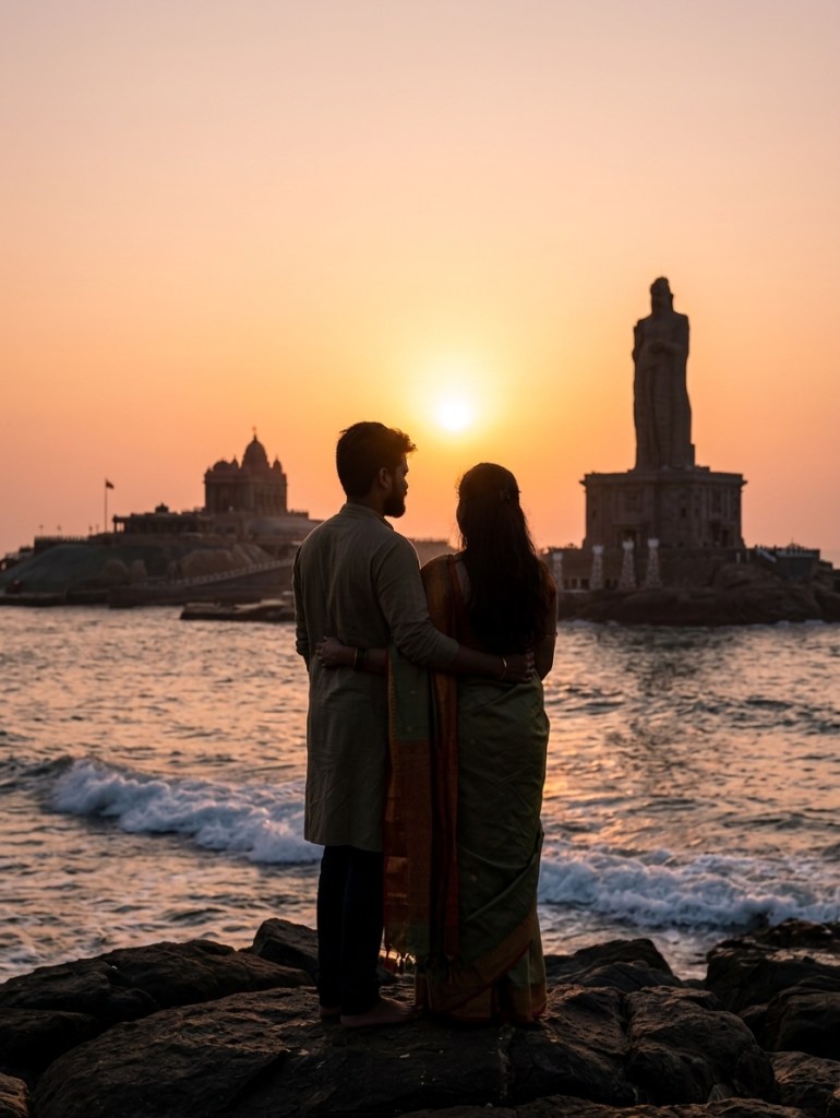 Golden sunrise breaking over the Indian Ocean at Kanyakumari, couple silhouette on rocks, warm orange and pink sky, earl