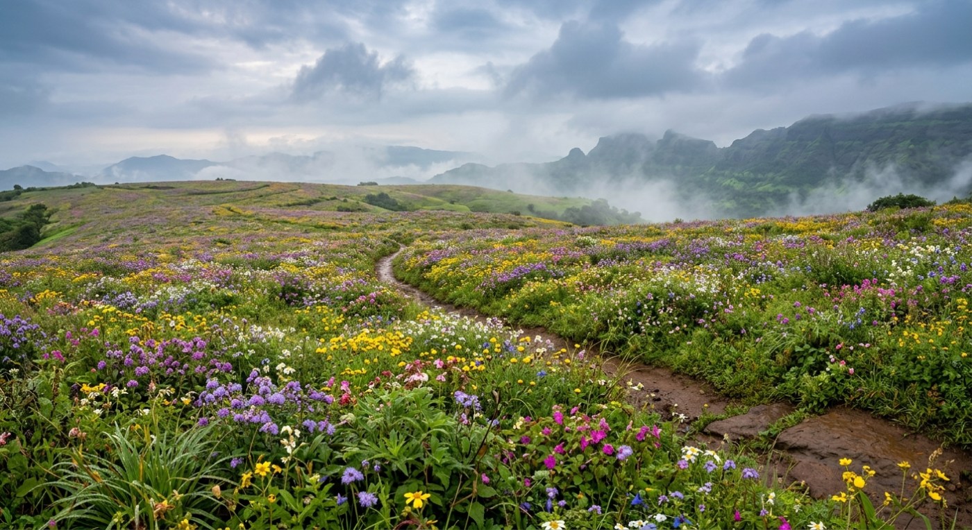 Wide shot of Kaas Plateau during monsoon season, wildflowers covering hills, soft morning light, mist in the distance, n