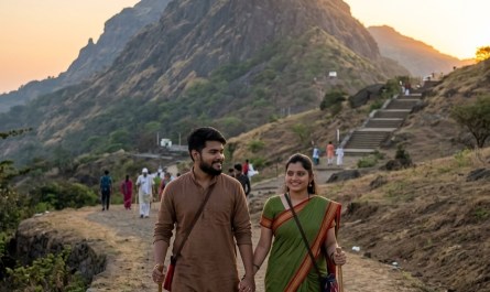 Couple walking at dawn on rural path circling Girnar mountain, soft sunrise light, documentary travel photography style,