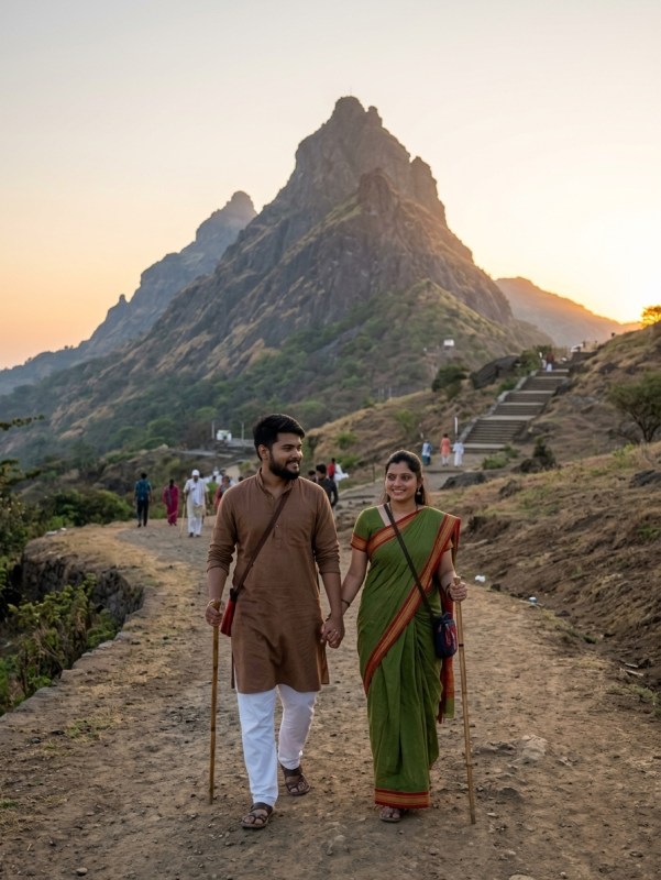 Couple walking at dawn on rural path circling Girnar mountain, soft sunrise light, documentary travel photography style,