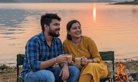 Couple sitting on camping chairs by Pawna Lake at golden hour, soft sunset light, wide angle, warm tones, candid moment