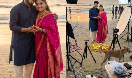 Split-screen couple photo: Instagram-perfect pose on left, behind-the-scenes setup chaos on right, golden hour beach set