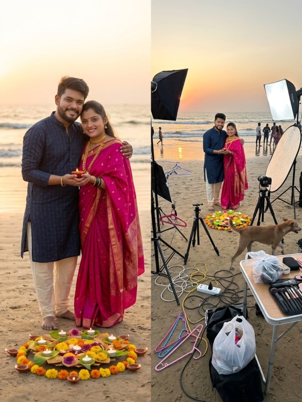 Split-screen couple photo: Instagram-perfect pose on left, behind-the-scenes setup chaos on right, golden hour beach set