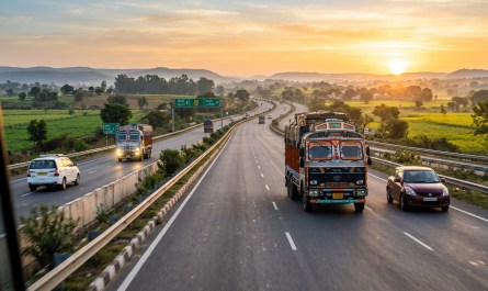 Two-lane Indian highway at dawn, trucks and cars, golden hour light, wide-angle road trip perspective
