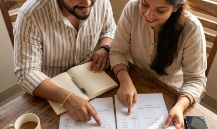 Couple comparing hotel bill and homestay receipt at wooden table, natural morning light, warm tones, overhead flat lay s