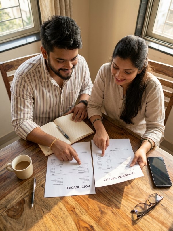 Couple comparing hotel bill and homestay receipt at wooden table, natural morning light, warm tones, overhead flat lay s