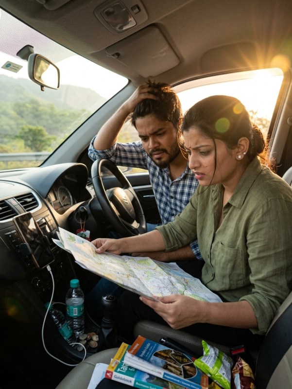 Indian couple reviewing travel map at car dashboard, golden hour light, candid frustrated expressions, travel planning c