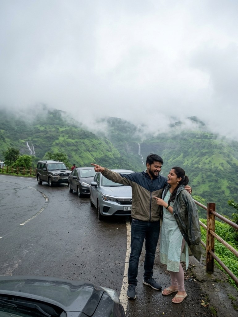 Wide-angle shot of cars parked along a scenic monsoon viewpoint road near Pune, misty hills in background, natural light