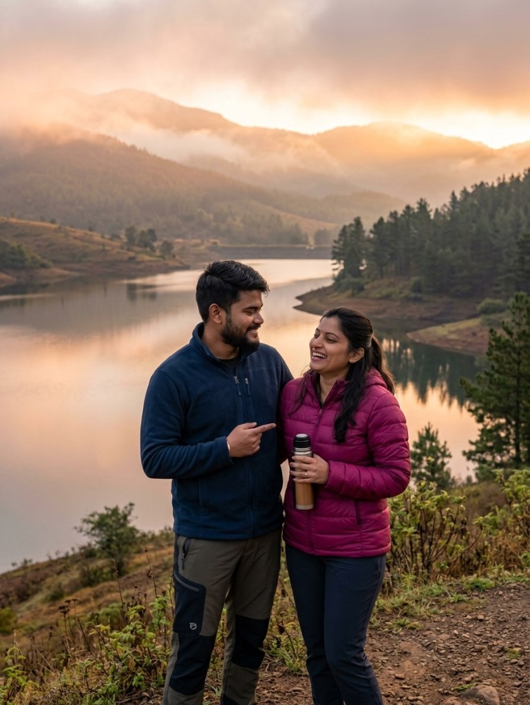 Young Indian couple exploring misty hills near a quiet dam, golden hour light, wide landscape shot, natural candid momen