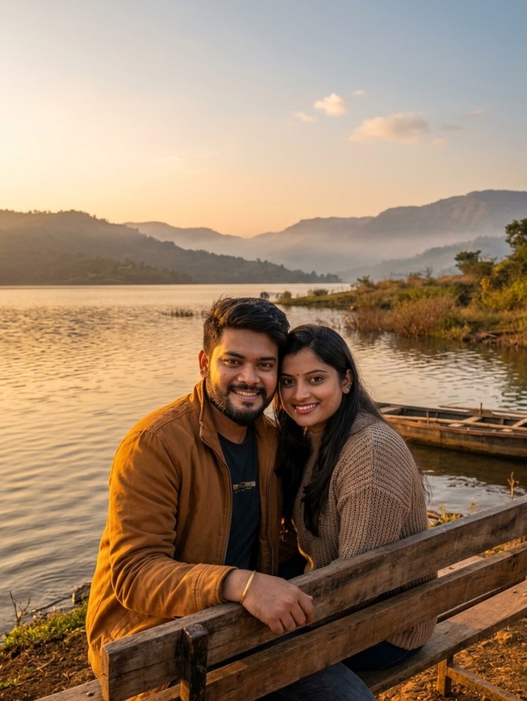 Couple sitting by Mulshi Lake during golden hour with mist-covered hills in background, warm natural light, wide landsca