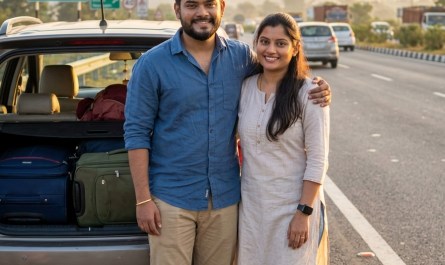 Young Indian couple standing beside their car on NH48 highway at sunrise, excited expressions, road trip mood, golden ho