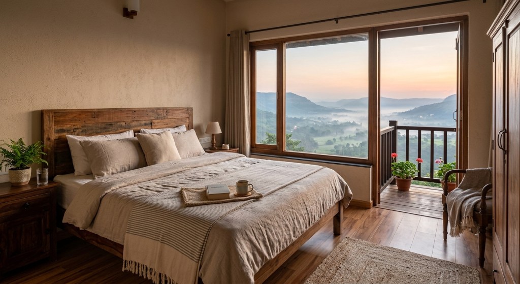 Cozy homestay bedroom in Lonavala with valley view, soft morning light, wooden furniture, minimal staging, natural reali