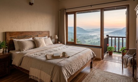 Cozy homestay bedroom in Lonavala with valley view, soft morning light, wooden furniture, minimal staging, natural reali