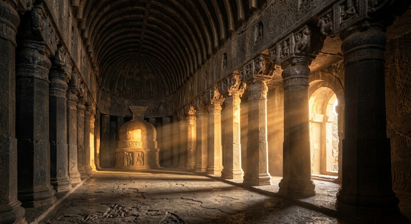 Early morning sunlight streaming through octagonal pillars inside Bedse Caves chaitya hall, warm golden tones, ancient s