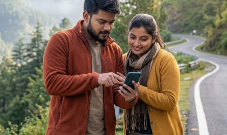 Young Indian couple checking their phone for directions on a scenic hill station road, natural morning light, candid tra