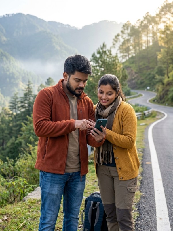 Young Indian couple checking their phone for directions on a scenic hill station road, natural morning light, candid tra