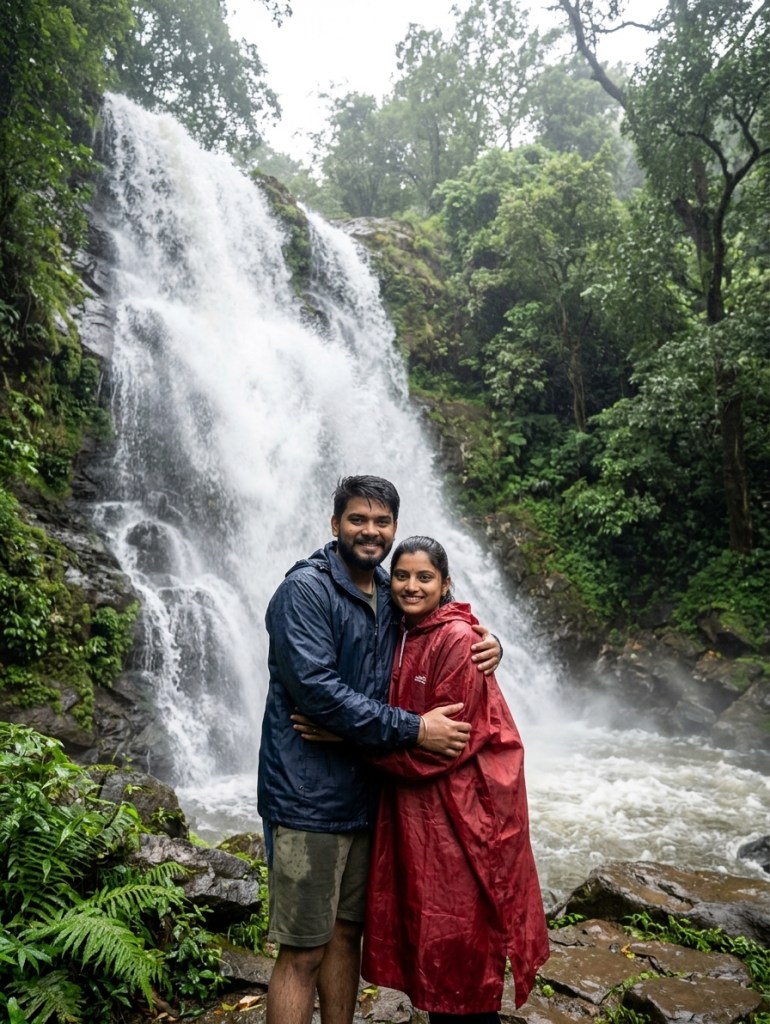 Couple standing at the base of a misty monsoon waterfall in lush green forest, natural lighting, wide-angle, candid mome
