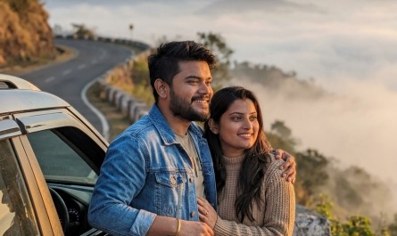 Young Indian couple standing by their car on winding ghat road at sunrise, misty mountains in background, warm golden li