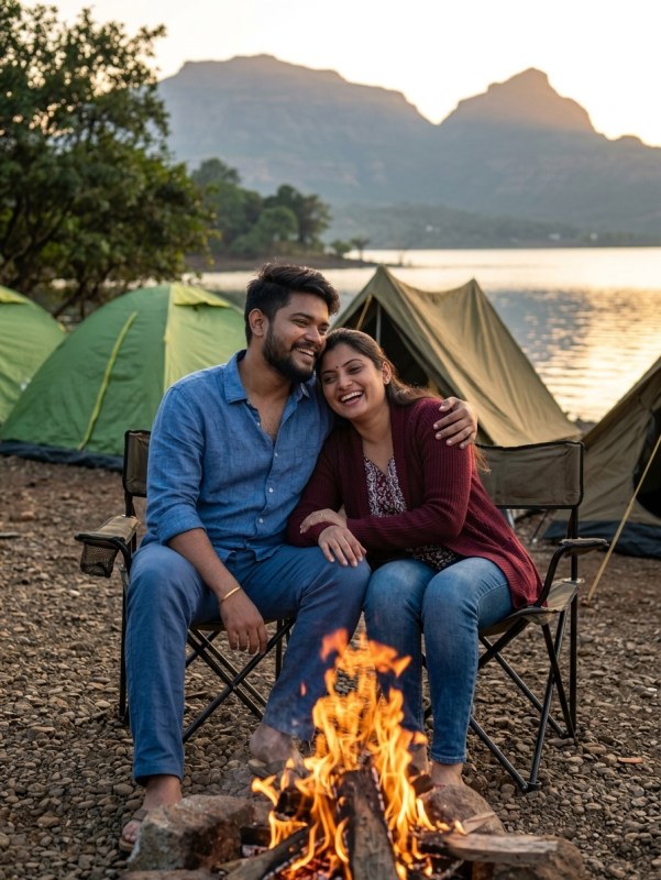 Couple sitting by bonfire at Pawna Lake camping with tents and hills in background, golden hour lighting, candid moment
