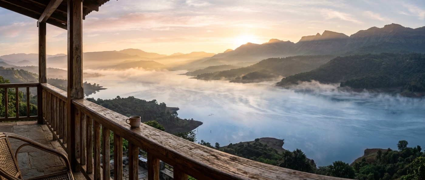 Panoramic view of Mulshi Lake at sunrise with mist rolling over calm blue water, shot from a homestay balcony with woode