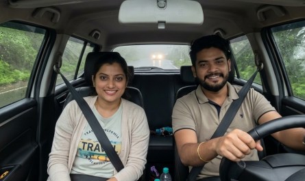 Couple in hatchback on misty Pune-Mahabaleshwar ghat road, monsoon fog, dashboard view, realistic travel photography, ov