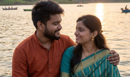 Young Indian couple sitting by Panshet reservoir backwaters at golden hour, hills in background, warm natural light, int