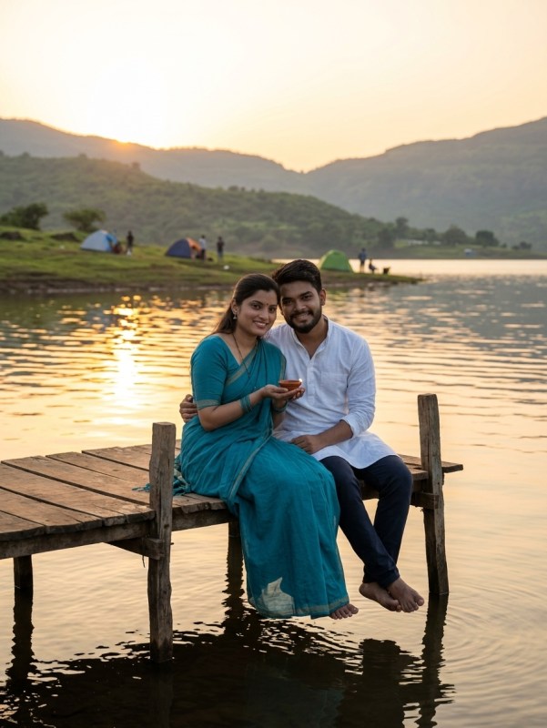 Couple sitting by Pawna Lake at sunset, golden light reflecting on calm water, wide scenic view, warm and peaceful mood