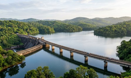 Wide-angle shot of Salaulim Dam bridge over calm reservoir, lush green hills in background, soft morning light, natural