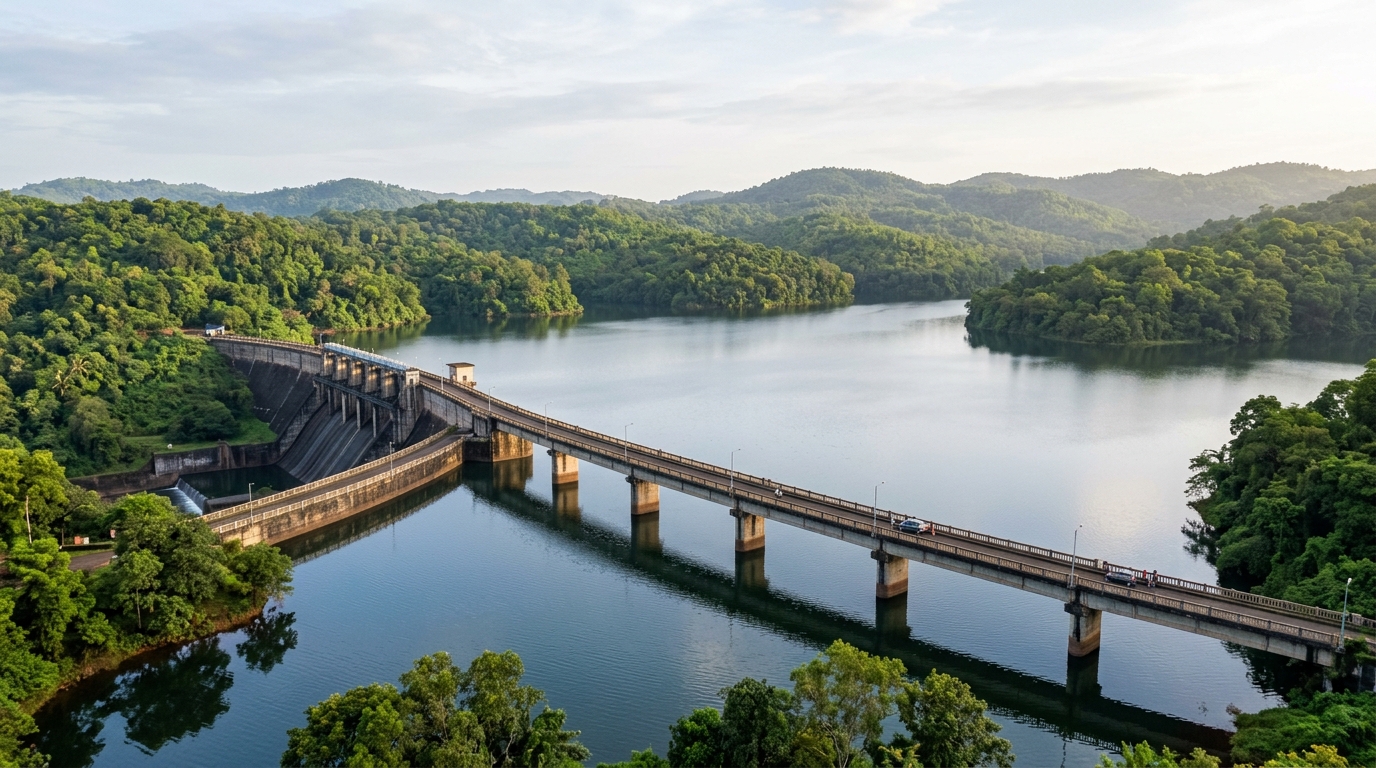 Wide-angle shot of Salaulim Dam bridge over calm reservoir, lush green hills in background, soft morning light, natural
