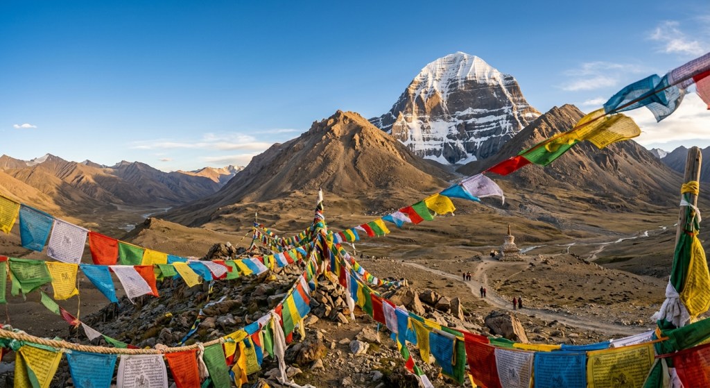 Mount Kailash north face with prayer flags in foreground, clear blue sky, dramatic Tibetan plateau landscape, golden hou