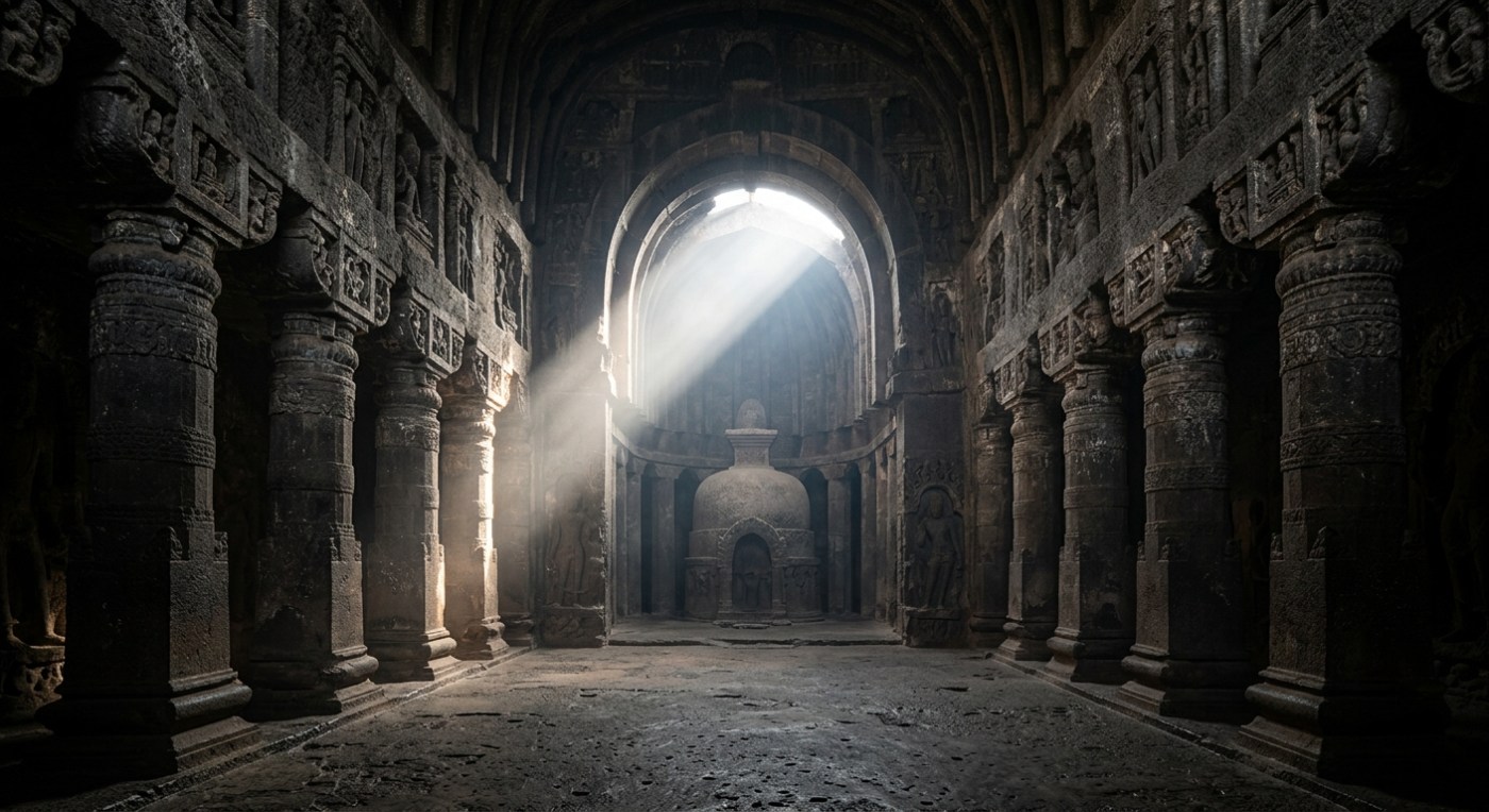 Ancient Buddhist chaitya hall carved in rock, dramatic natural light streaming through entrance, stone pillars in shadow
