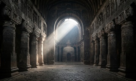 Ancient Buddhist chaitya hall carved in rock, dramatic natural light streaming through entrance, stone pillars in shadow