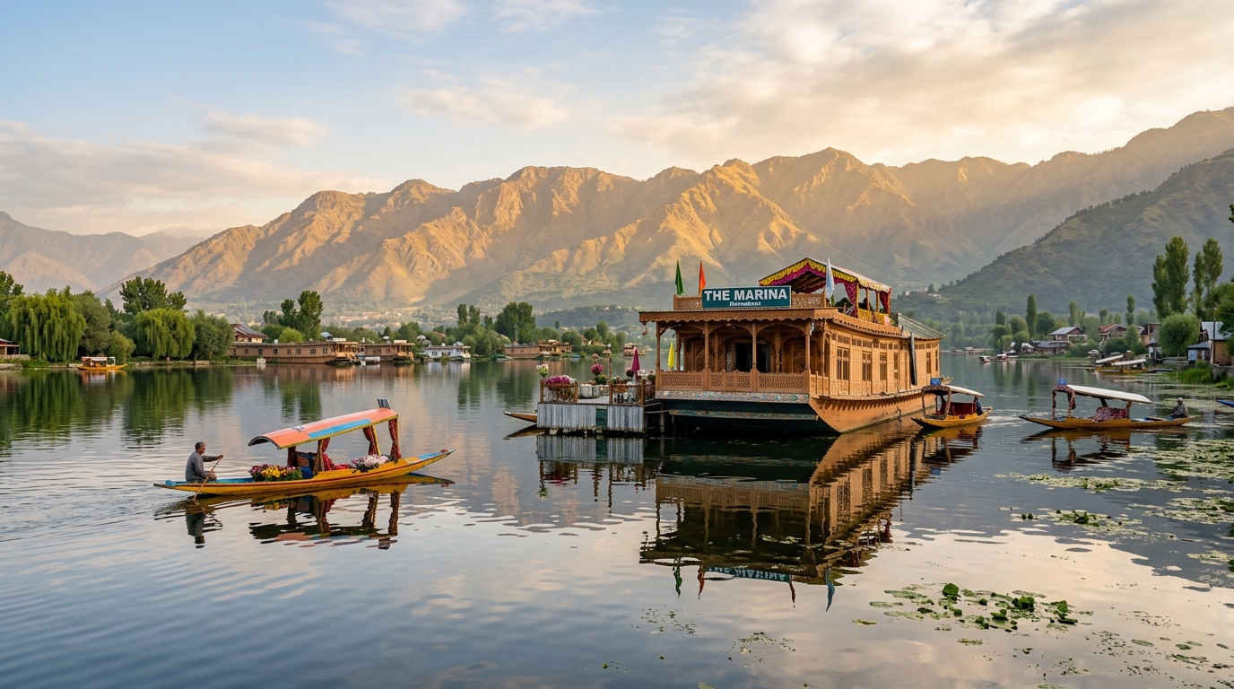 Wide-angle morning shot of a houseboat on Dal Lake with Zabarwan mountain range in soft golden light, shikara boats visi