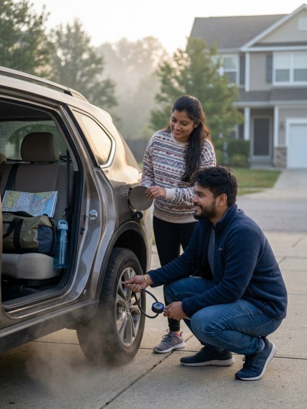 Couple checking car tire pressure and fuel in early morning light before Maharashtra hill station road trip, natural can