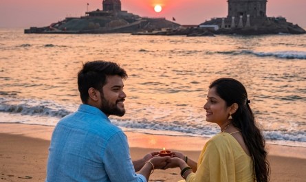 Couple watching sunrise at Kanyakumari beach, ocean meeting sky, golden light, peaceful morning, wide angle, natural col