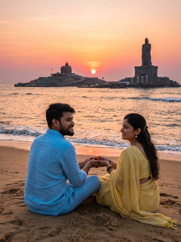 Couple watching sunrise at Kanyakumari beach, ocean meeting sky, golden light, peaceful morning, wide angle, natural col
