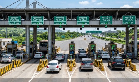 Highway toll booth with multiple FASTag lanes, clear signage, bright daylight, cars passing through, realistic Indian hi