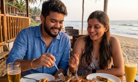 Couple enjoying fresh seafood platter at a rustic Goa beach shack, golden hour lighting, candid travel photography, warm