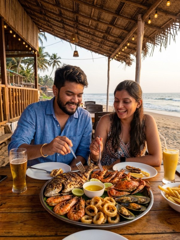 Couple enjoying fresh seafood platter at a rustic Goa beach shack, golden hour lighting, candid travel photography, warm